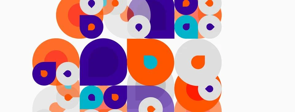 Abstract circles overlap, creating vibrant patterns. Orange, purple, turquois Stock Illustration