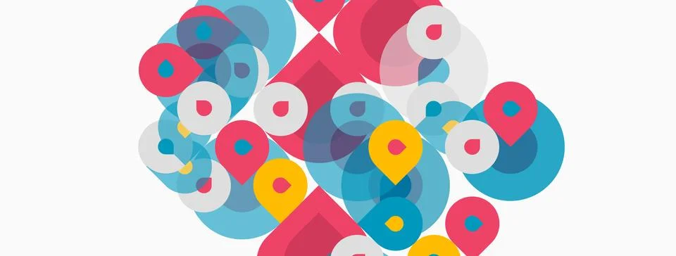 Abstract circles overlap, creating vibrant colorful composition. Shapes vary Stock Illustration
