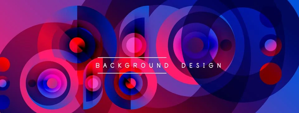 Abstract circles overlap, creating vibrant purple, blue, red gradients. Moder Stock Illustration