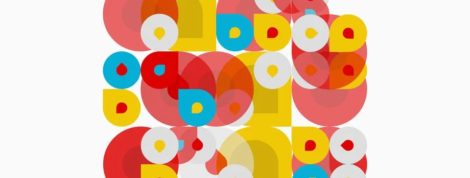 Abstract circles overlap, creating vibrant colorful pattern. Yellow, red, blu Stock Illustration