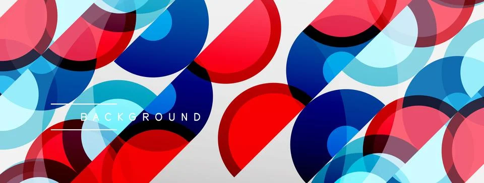 Abstract circles overlap, creating vibrant red, blue, light blue patterns. Stock Illustration
