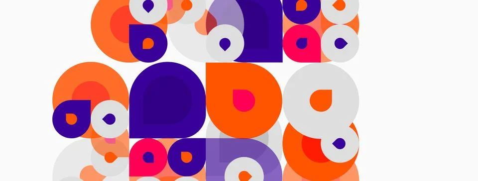 Abstract circles overlap, creating vibrant patterns. Orange, purple, pink, .. 스톡 일러스트
