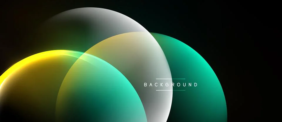 Abstract circles overlap, creating vibrant gradients. Dark background empha.. Illustrazione stock