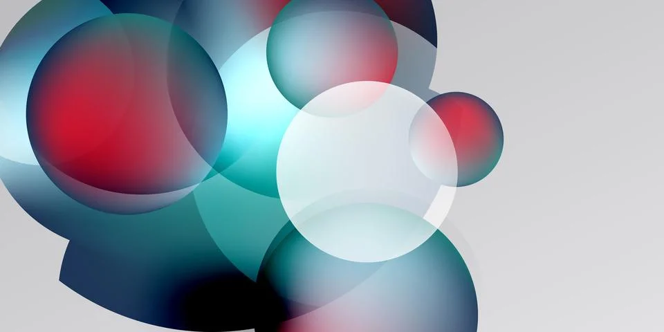 Abstract circles overlap, creating vibrant color blends. Red, teal, white s.. Stockillustratie