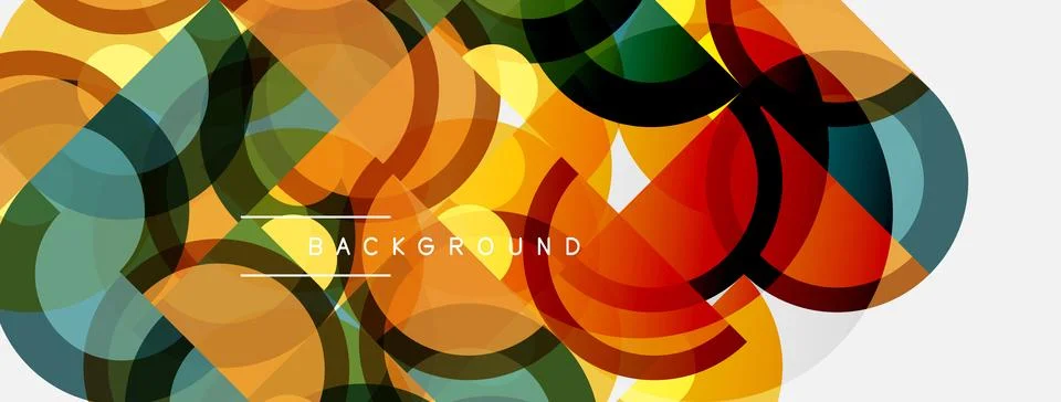 Abstract circles overlap, creating vibrant color layers. Background text pr.. Stock Illustration