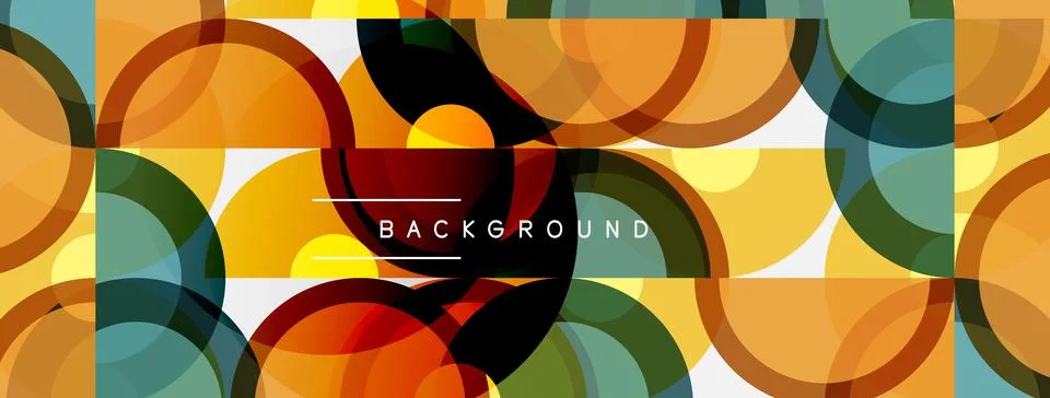 Abstract circles overlap, creating vibrant geometric pattern. Yellow, orange, Stock Illustration