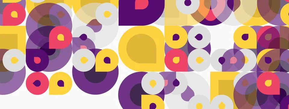 Abstract circles overlap, creating vibrant patterns. Yellows, purples, whites Stock Illustration
