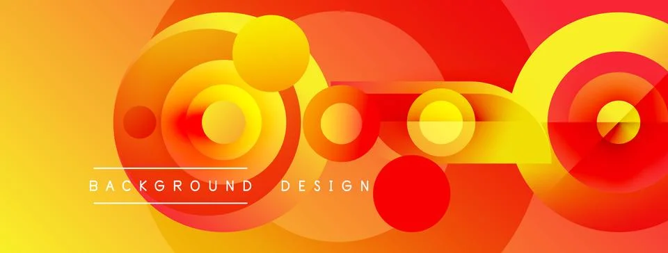 Abstract circles overlap, creating vibrant orange, yellow, red gradients. M.. Stock Illustration