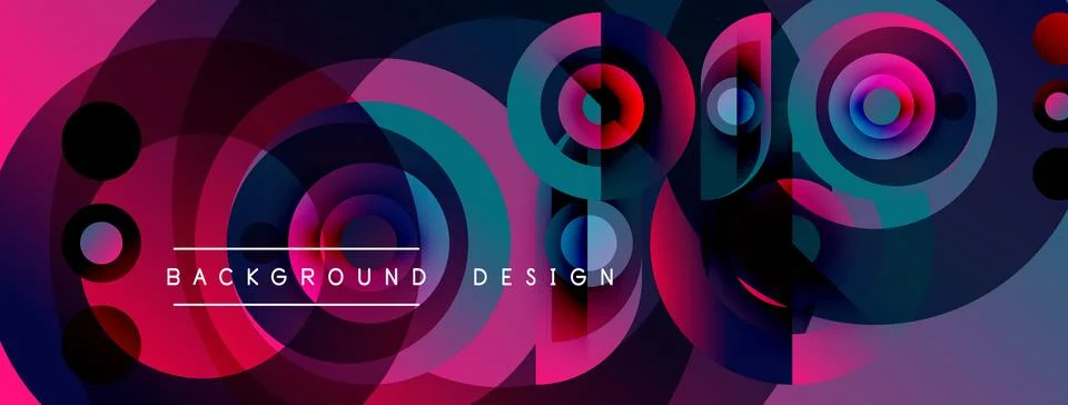 Abstract circles overlap, creating vibrant colorful design. Text reads Stock Illustration