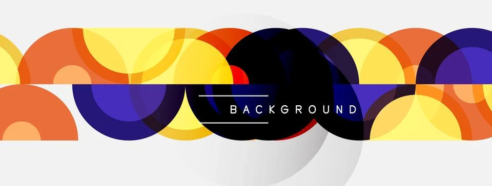 Abstract circles overlap, creating vibrant color patterns. Background text .. Stock Illustration