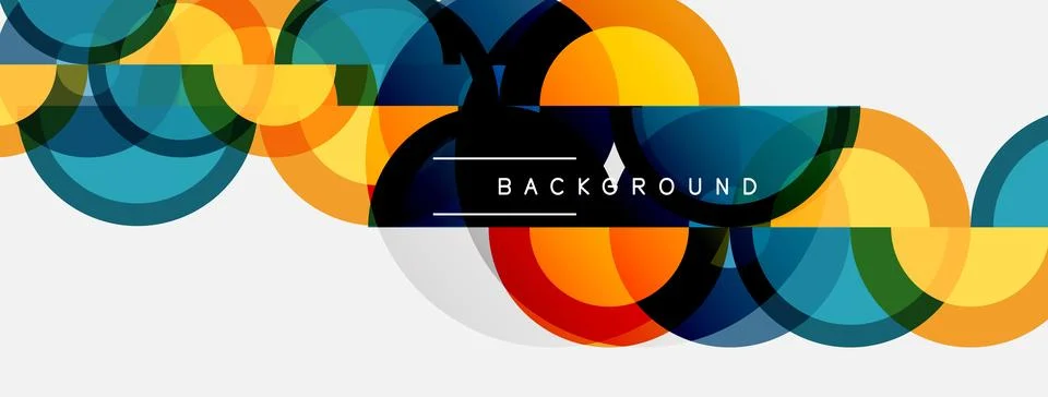 Abstract circles overlap, creating vibrant color patterns. Background text .. Stock Illustration