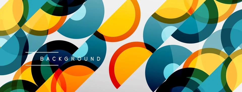 Abstract circles overlap, creating vibrant geometric pattern. Yellow, blue, Stock Illustration
