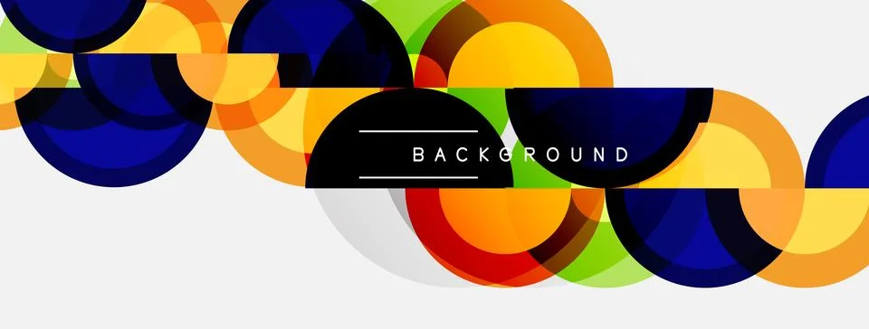 Abstract circles overlap, creating vibrant color patterns. Background text Stock Illustration