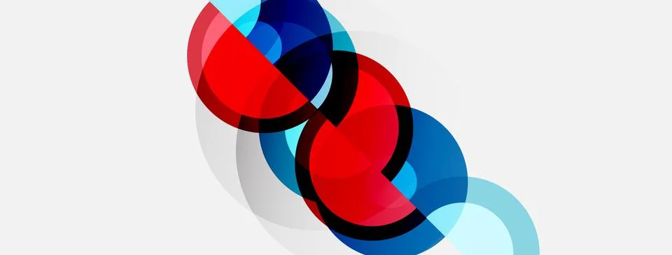 Abstract circles overlap, creating vibrant red, blue hues. Minimalist design  Ilustração Stock