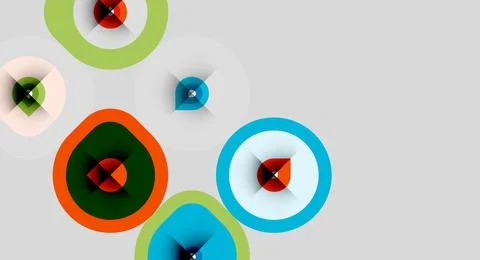 Abstract circles overlap, creating vibrant color patterns. Shapes vary size, Stock Illustration