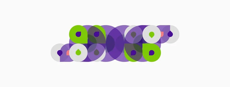 Abstract circles overlap, creating vibrant purple, green hues. Minimalist d.. Stock Illustration