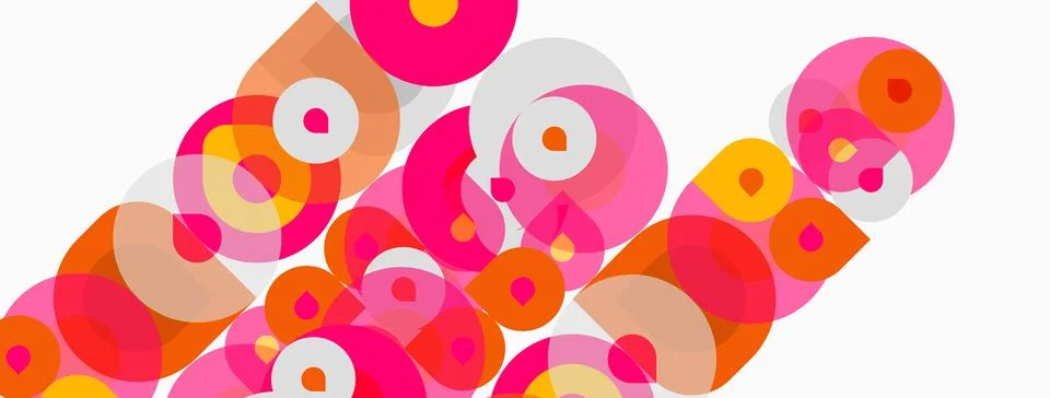 Abstract circles overlap, creating vibrant patterns. Pink, orange, white hues Stock Illustration