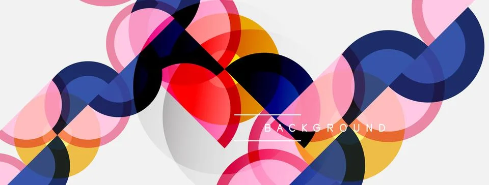 Abstract circles overlap, creating vibrant patterns. Colors include pink, blu Stock Illustration