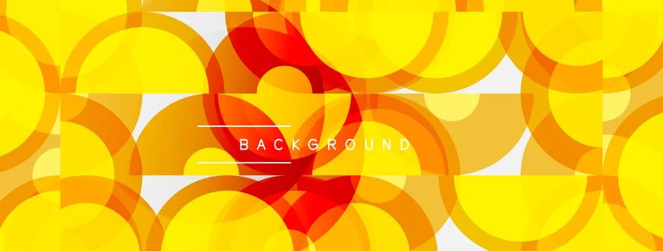 Abstract circles overlap, creating vibrant yellow, orange, red layers. Modern Stock Illustration