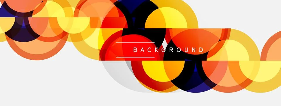 Abstract circles overlap, creating vibrant color patterns. Background text .. Stock Illustration