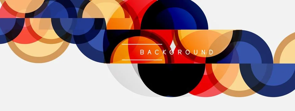 Abstract circles overlap, creating vibrant colorful design. Background text Stock Illustration