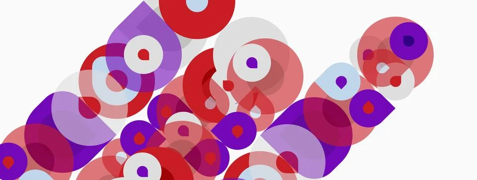 Abstract circles overlap, creating vibrant patterns. Purple, red, white hues Stock Illustration