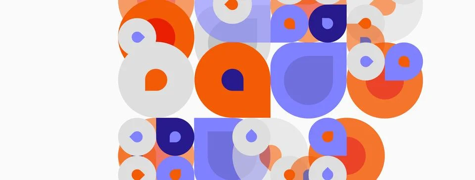 Abstract circles overlap, creating vibrant visual texture. Orange, lavender, Stock Illustration