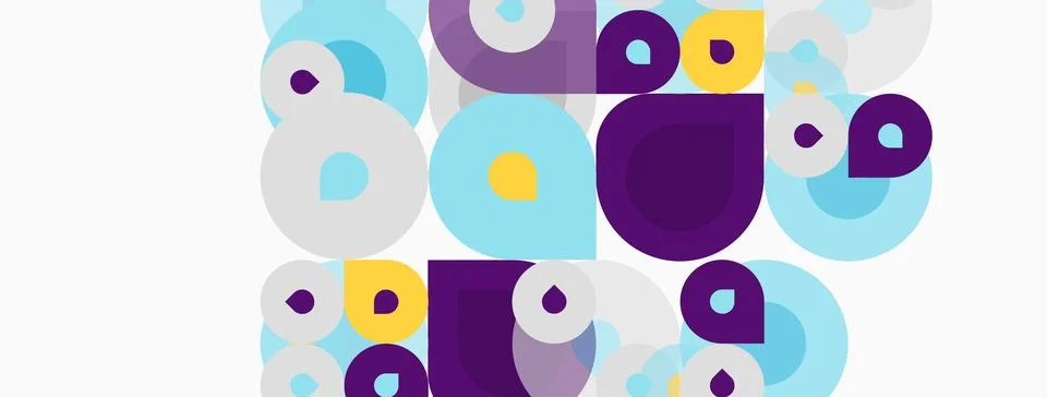 Abstract circles overlap, creating vibrant purple, blue, yellow patterns. M.. Illustrazione stock