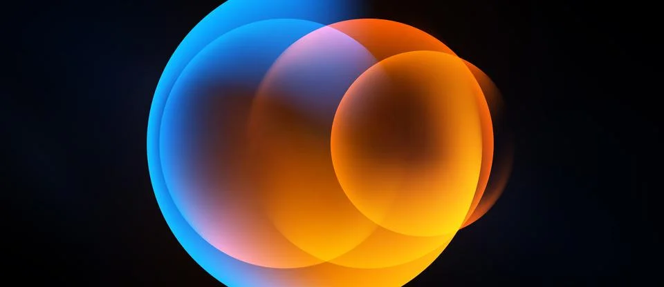 Abstract circles overlap, creating vibrant color blends. Blue, orange hues Stock Illustration