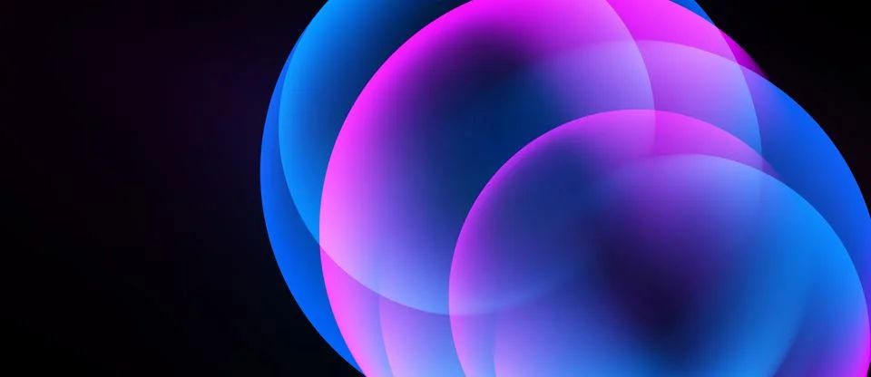 Abstract circles overlap, creating vibrant pink, blue gradients. Dark backg.. Stock Illustration