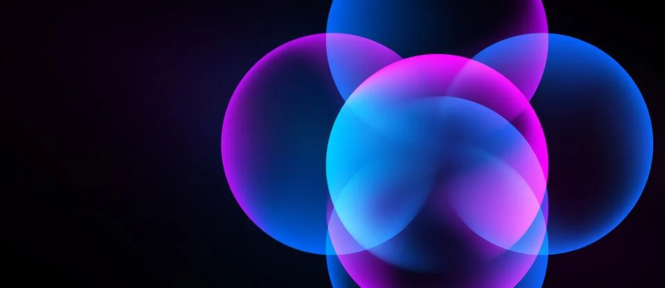 Abstract circles overlap, creating vibrant pink, blue hues against dark Stock Illustration