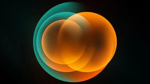 Abstract circles overlap, creating vibrant orange, teal hues. Dark background Stock Illustration