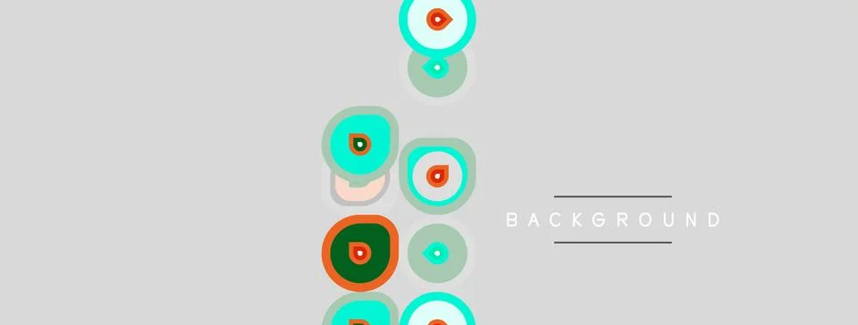 Abstract circles overlap gray backdrop. Colors include orange, teal, light .. Stock Illustration
