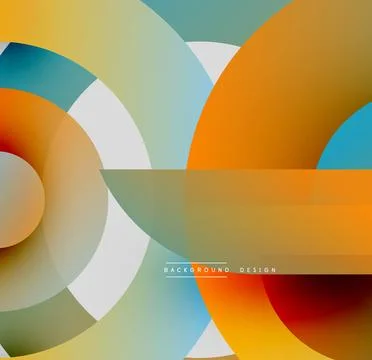 Abstract circles, rectangles overlap. Warm, cool colors blend creating dynamic Stock Illustration
