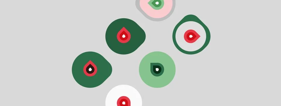 Abstract circles, red drops inside. Green, gray color scheme. Minimalist de.. Stock Illustration
