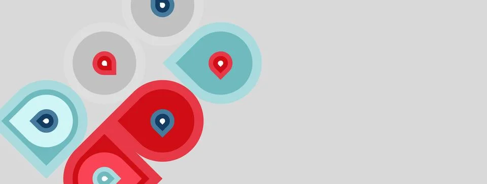 Abstract circles, red plus light blue, with small dot centers. Minimalist d.. Stock Illustration