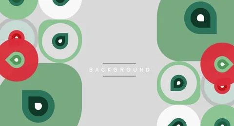 Abstract circles, squares, red, green hues dominate design. Gray space provid Illustrazione stock