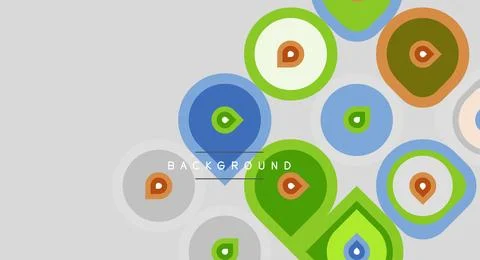 Abstract circles, squares, teardrops overlap. Colors include blue, green, b.. Illustrazione stock