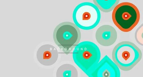 Abstract circles, squares, teardrops overlap. Light gray backdrop supports Illustrazione stock