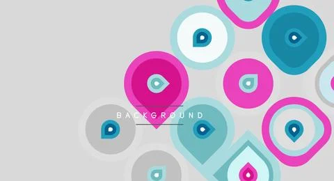 Abstract circles, squares, teardrops overlap. Soft pinks, blues dominate gray Illustrazione stock