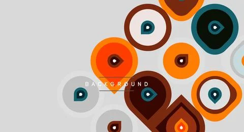 Abstract circles, squares, teardrops overlap. Warm colors dominate neutral gr Illustrazione stock