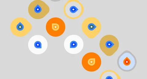 Abstract circles, varying colors, light gray background. Shapes overlap, Stock Illustration