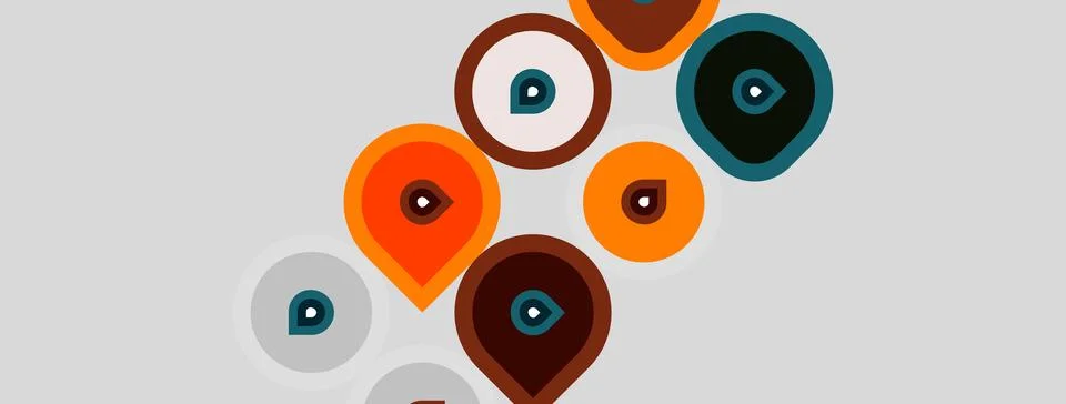 Abstract circles, varying sizes, colors. Each contains small eye icon. Stock Illustration