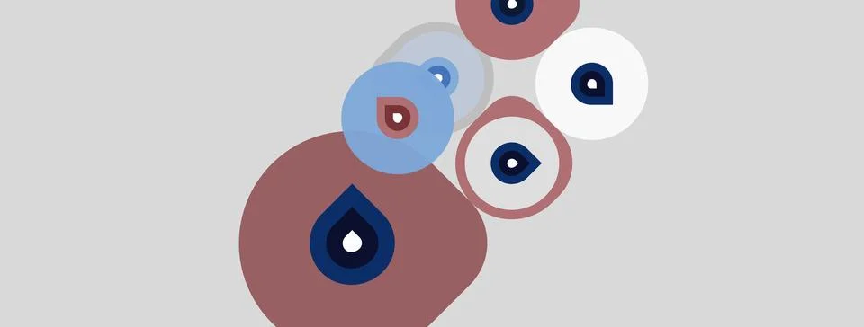 Abstract circles, varying sizes, muted colors. Droplets within some shapes Stock Illustration