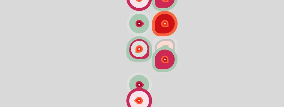 Abstract circles, varying sizes, pinks, greens, gray background. Simple desig Stock Illustration