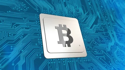 Abstract circuit board with CPU and Bitcoin logo computes transaction hashes. Stock Footage 72908447