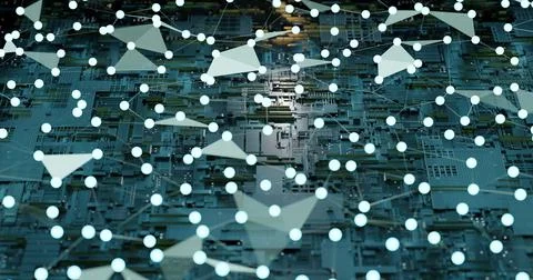 Abstract circuit board with electronic components and foreground neural netwo Stock Illustration