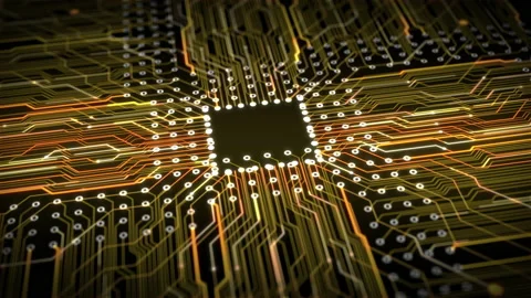 Abstract Circuit Board Processing 3d Animation. Computer Motherboard with CPU Video stock 153414768