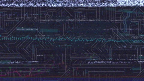 Abstract circuit pattern glitching across interface, displaying turquoise data Stock Footage 308658846