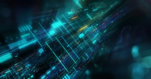 Abstract circuitry with digital grid background, Data deep learning computer  Illustrazione stock